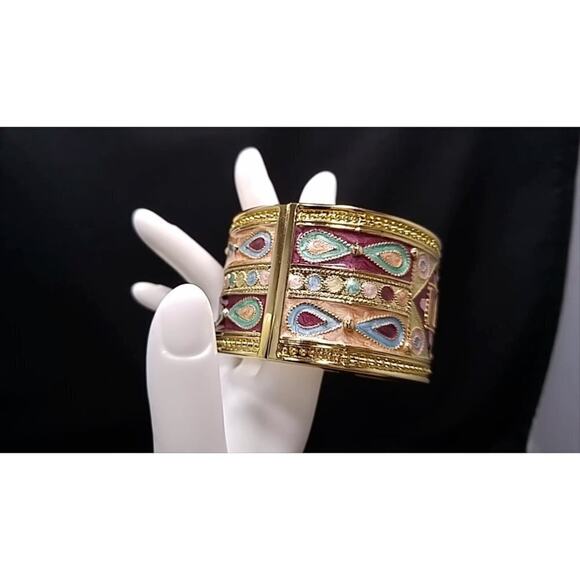 Wide Bangle Bracelet, Hinged Closure, Peach Pink Turquoise Enamel, 7 3/4 Inches - Picture 2 of 12